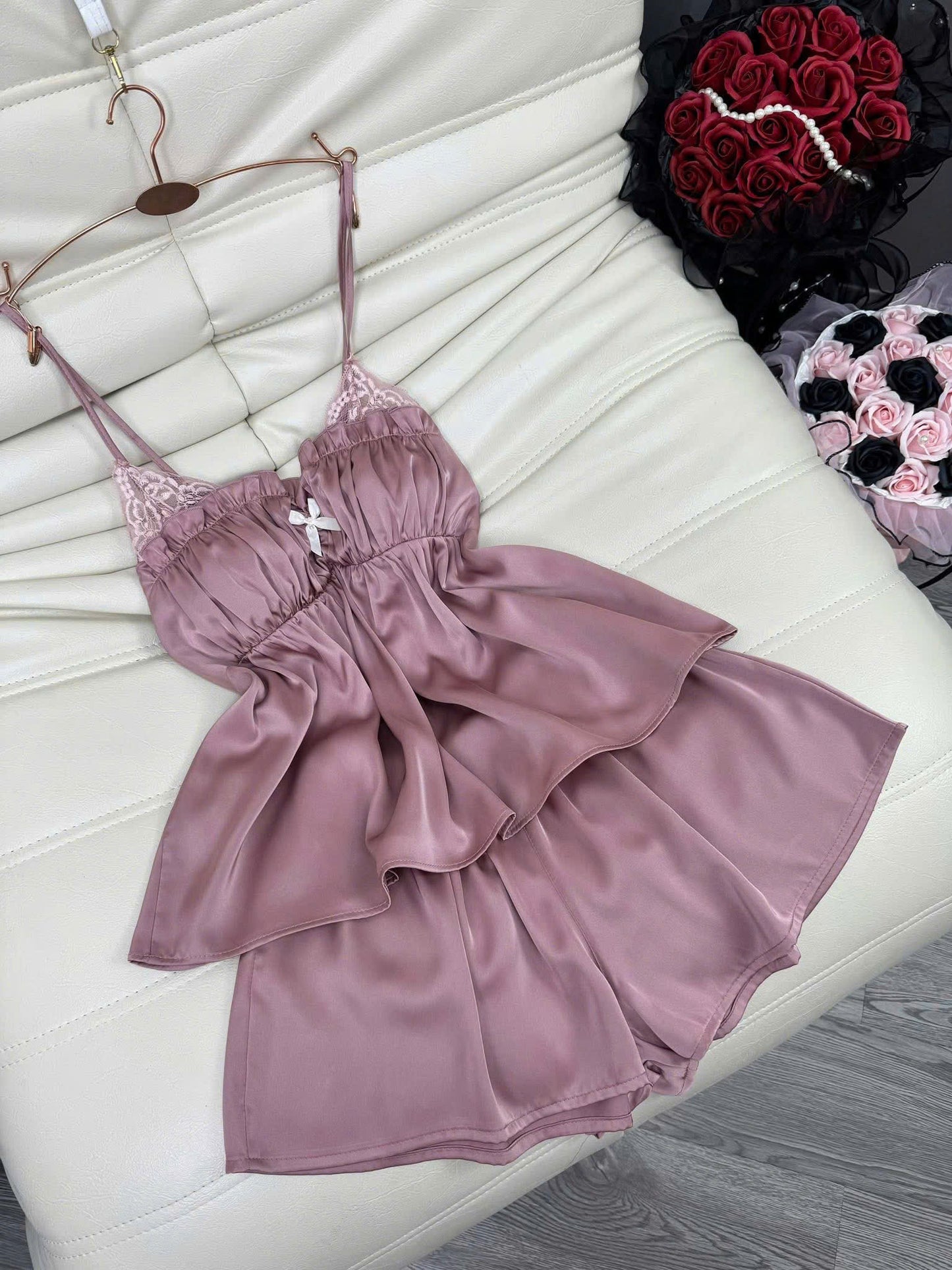 Set sexy đùi nhún ngực phối ren dưới 65kg