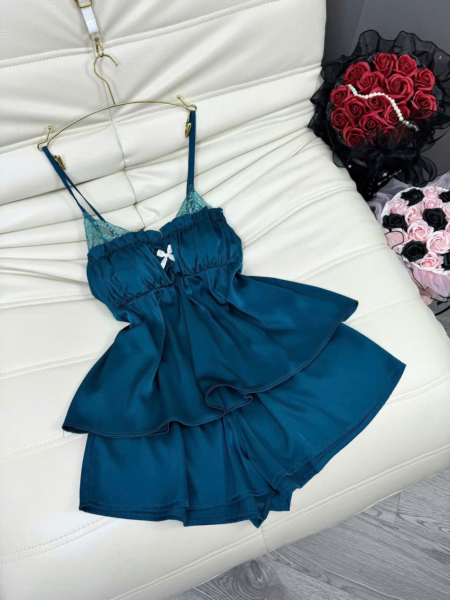 Set sexy đùi nhún ngực phối ren dưới 65kg