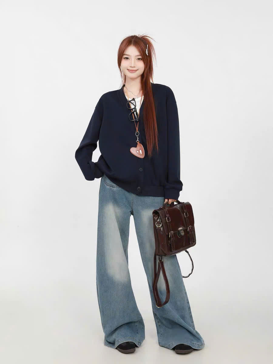 Áo cardigan xanh navy form rộng
