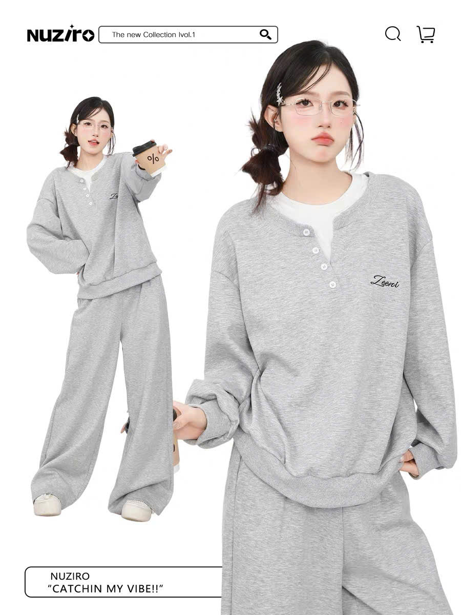 Set áo sweater phối áo thun và quần suông xám nhạt (có tách lẻ)