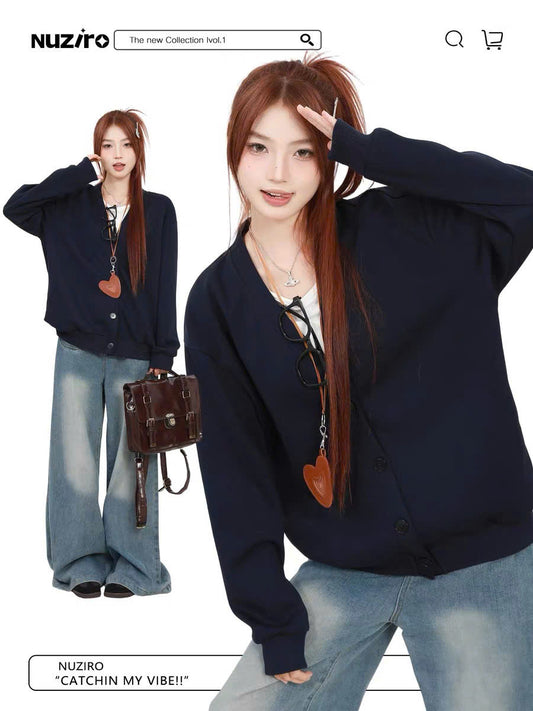 Áo cardigan xanh navy form rộng