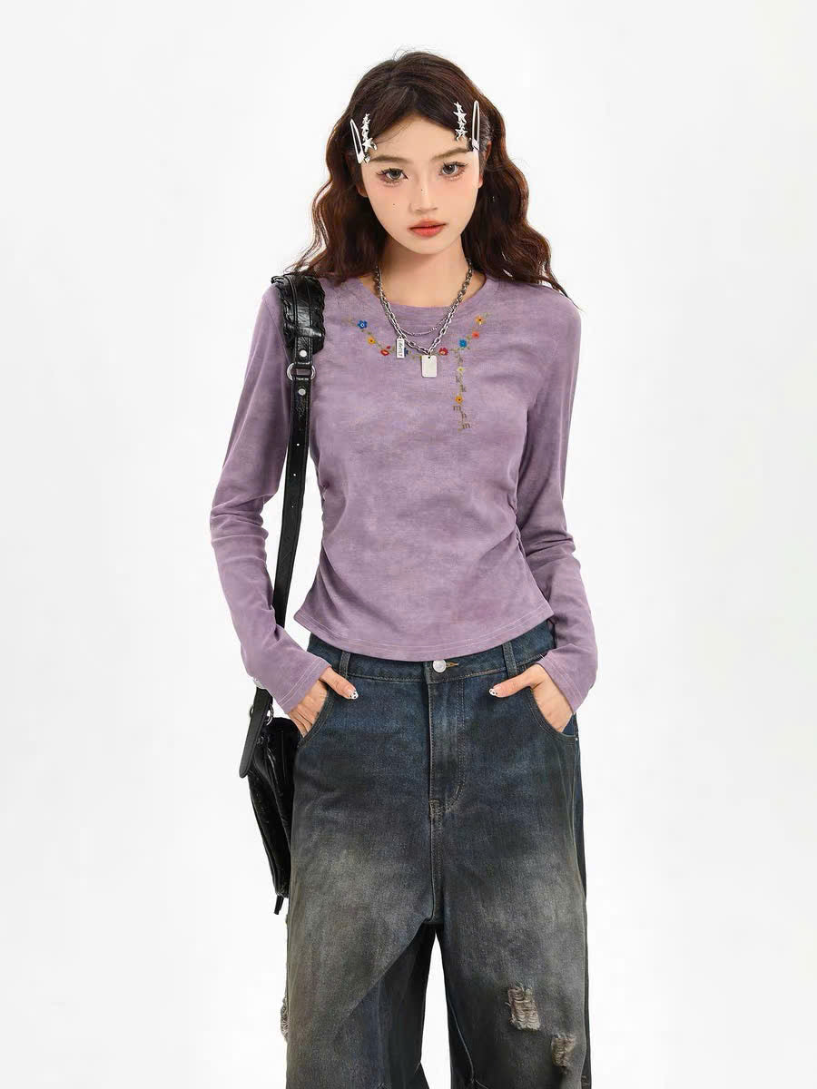 Áo babytee tay dài tím thêu hoa nhí