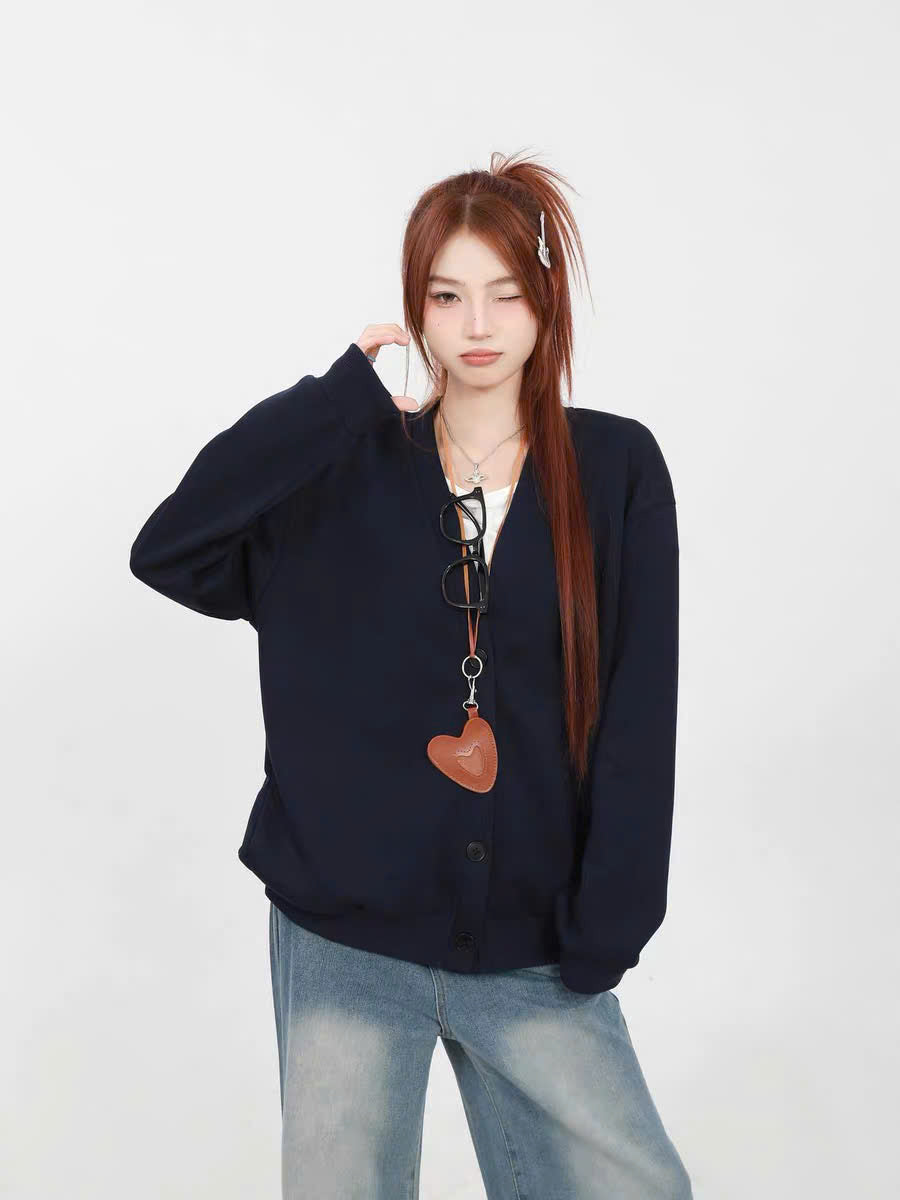 Áo cardigan xanh navy form rộng