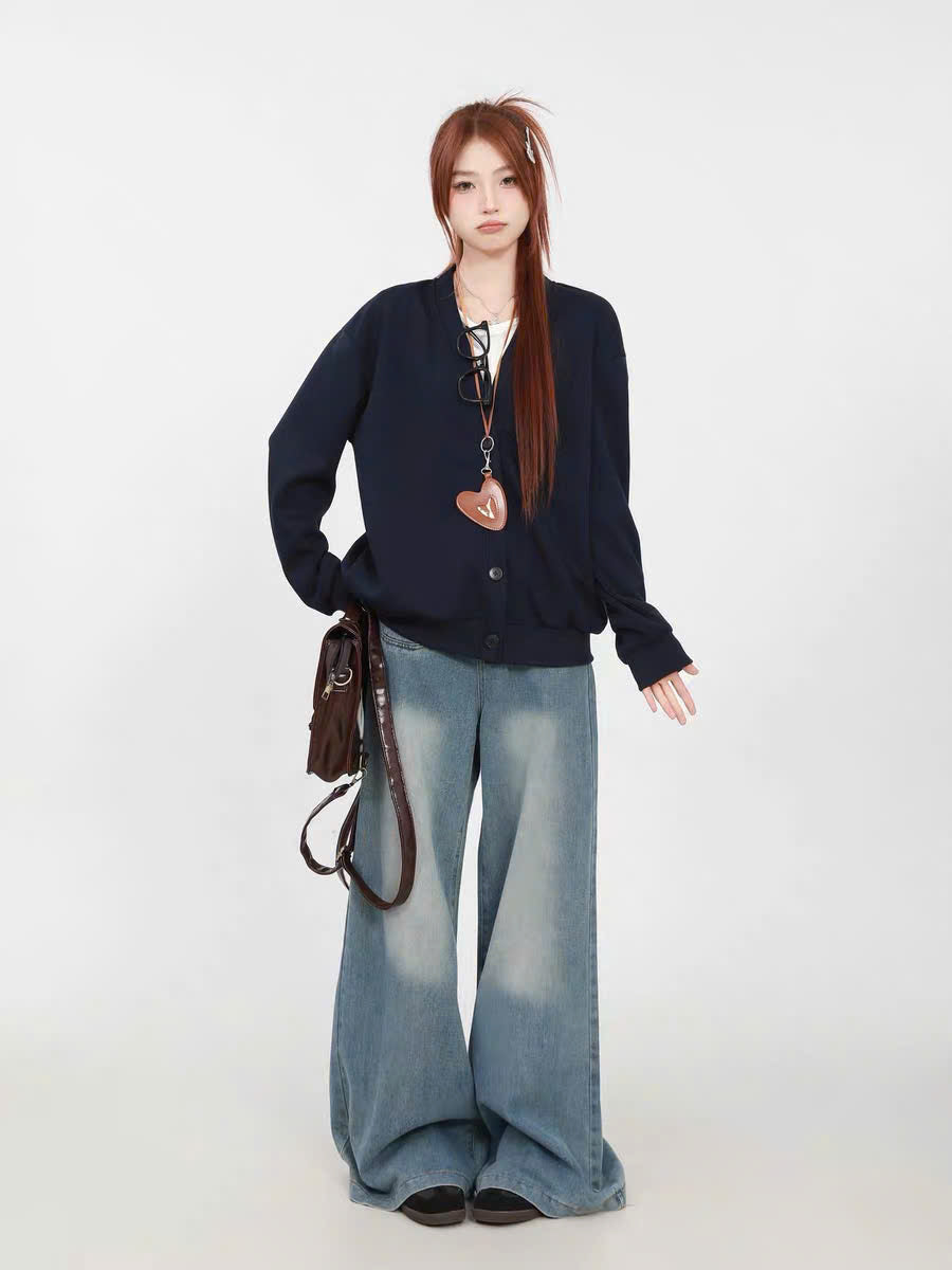 Áo cardigan xanh navy form rộng
