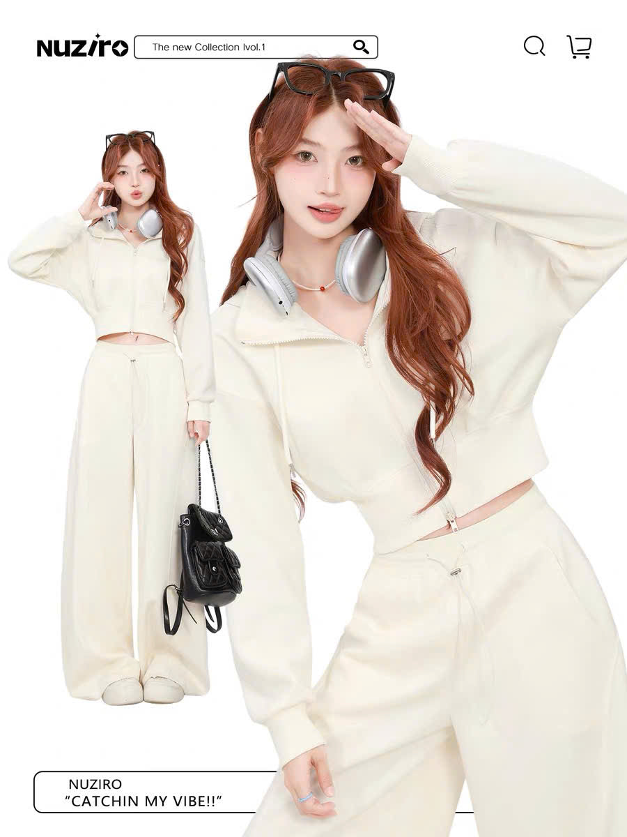 Set áo khoác lửng và quần suông trắng kem (có tách lẻ)