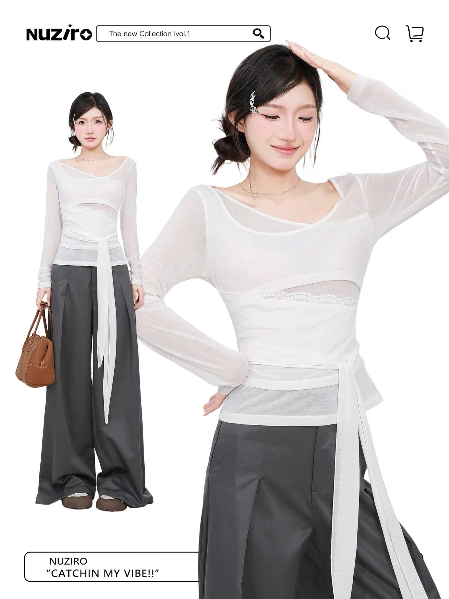 Set áo tay dài phối voan cột dây và quần ống rộng (có tách lẻ)
