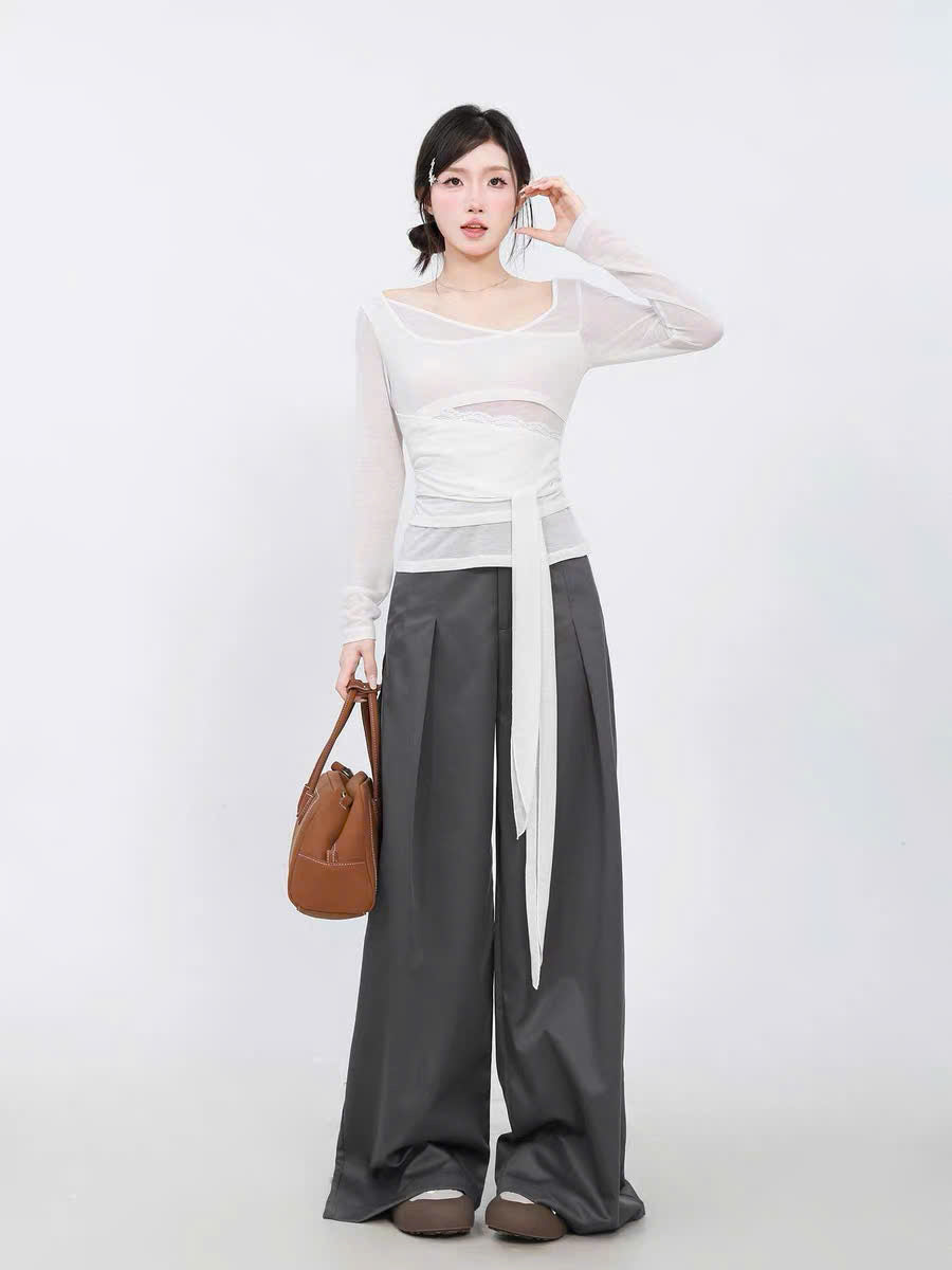 Set áo tay dài phối voan cột dây và quần ống rộng (có tách lẻ)