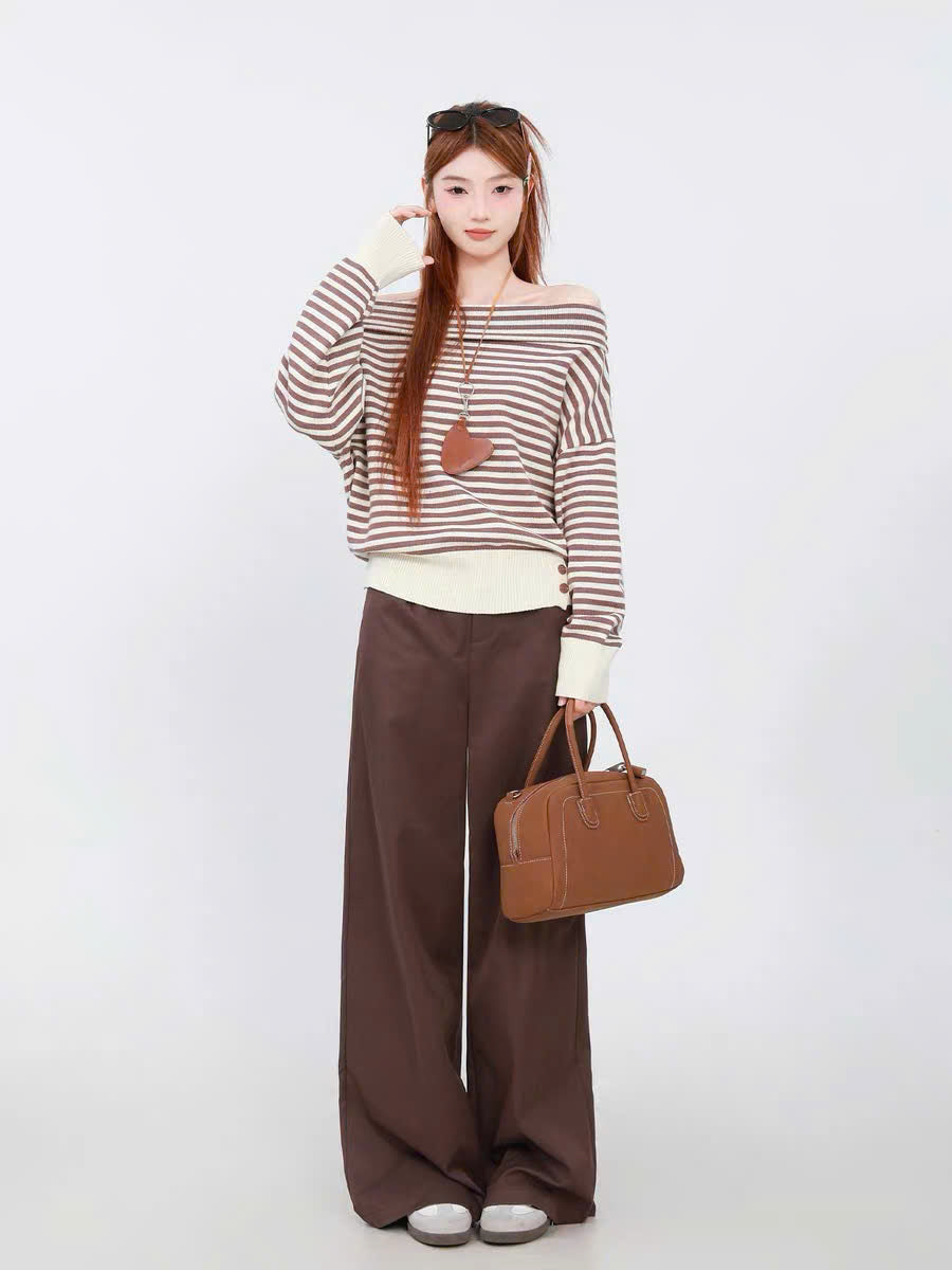 Set áo tay dài trễ vai sọc ngang và quần suông nâu (có tách lẻ)