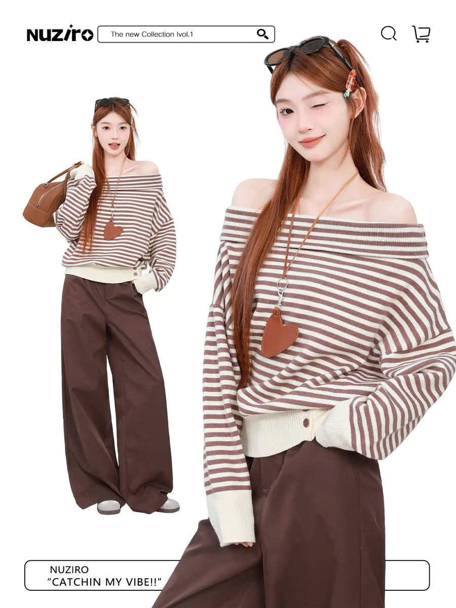 Set áo tay dài trễ vai sọc ngang và quần suông nâu (có tách lẻ)
