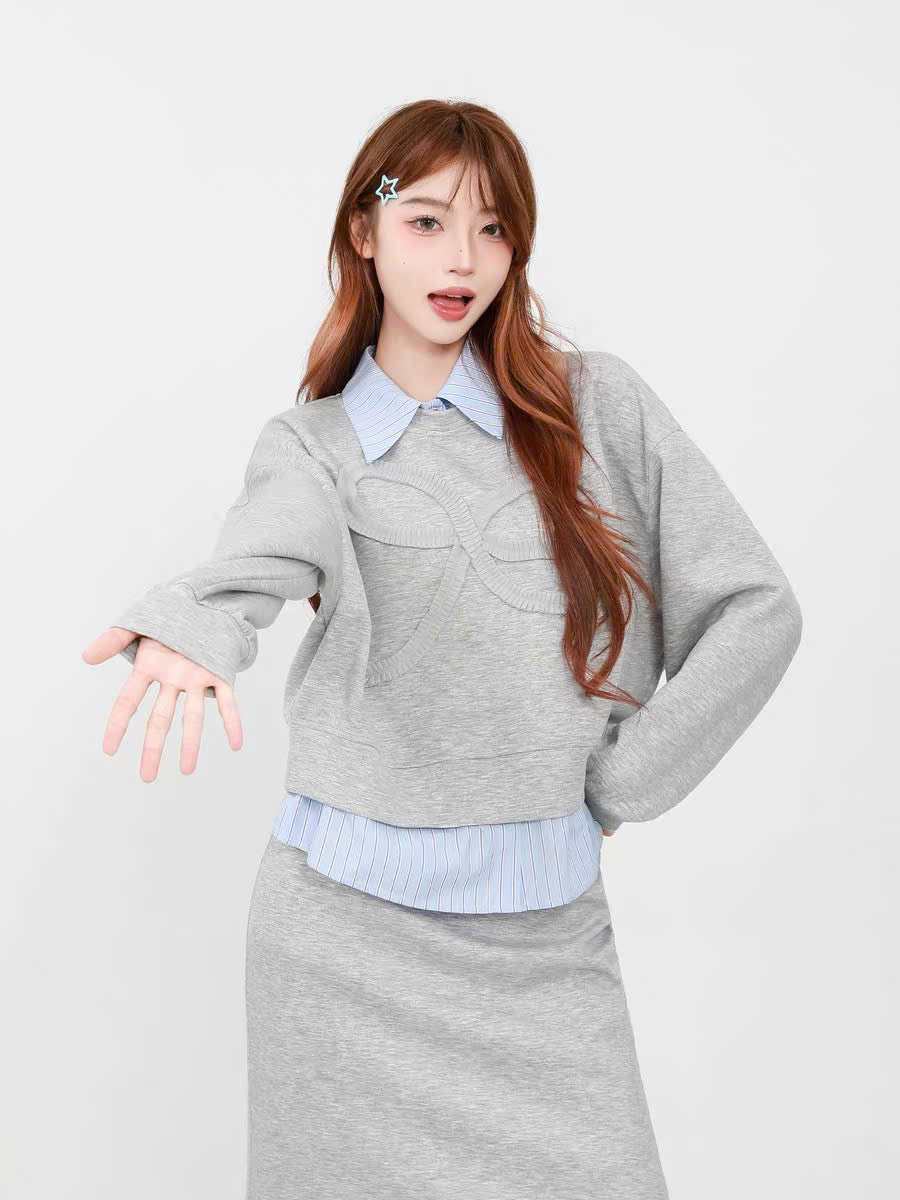 Set áo sweater lửng phối sơ mi và chân váy midi dài (có tách lẻ)