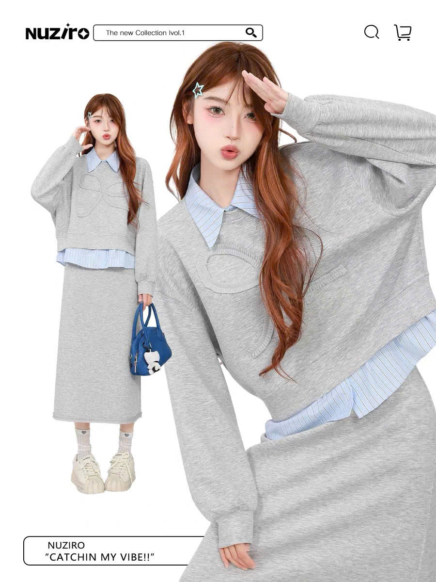Set áo sweater lửng phối sơ mi và chân váy midi dài (có tách lẻ)