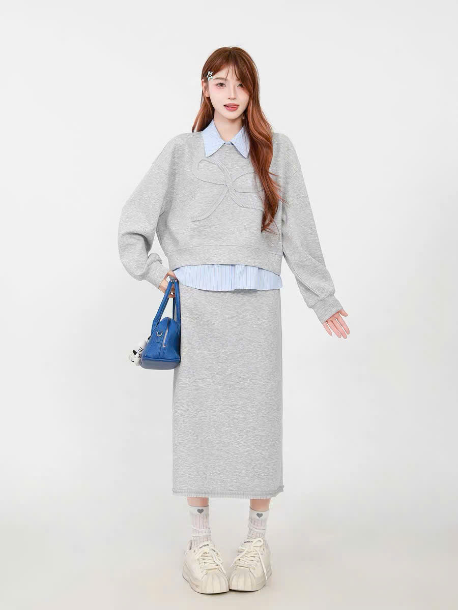 Set áo sweater lửng phối sơ mi và chân váy midi dài (có tách lẻ)
