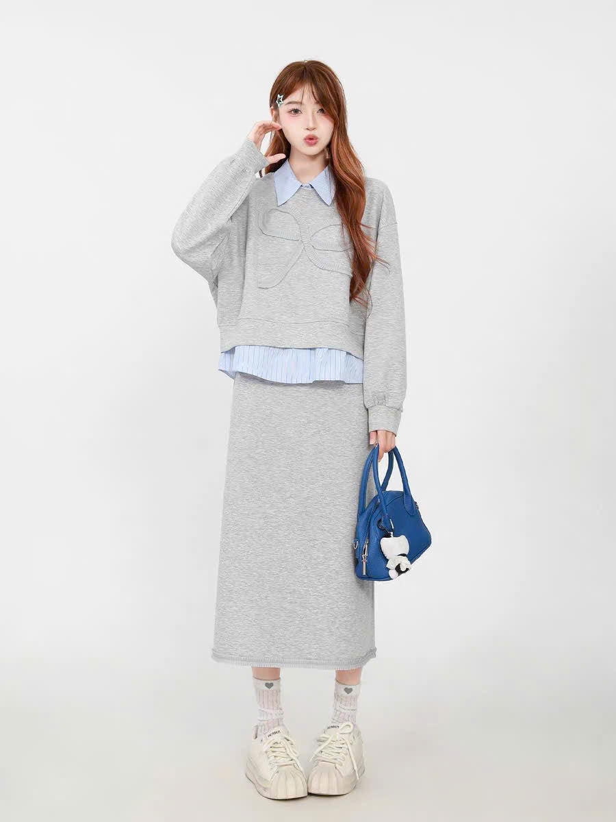 Set áo sweater lửng phối sơ mi và chân váy midi dài (có tách lẻ)
