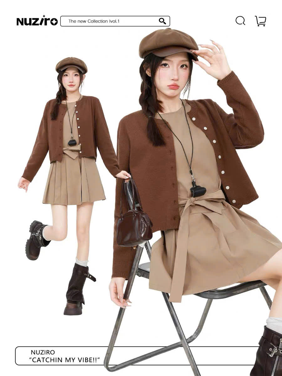Set đầm suông xếp ly và áo khoác cardigan (có tách lẻ)