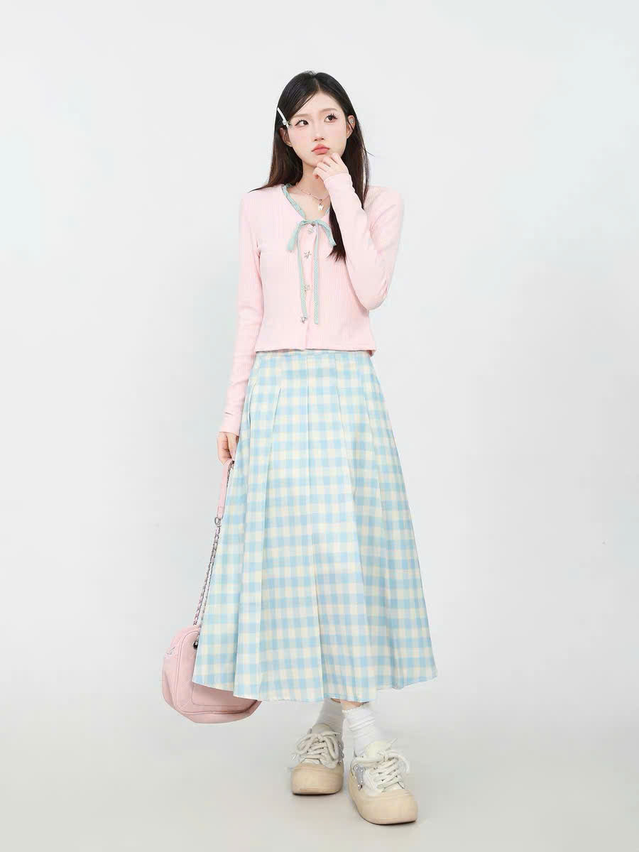 Set áo dài tay cổ V và chân váy caro dài (có tách lẻ)