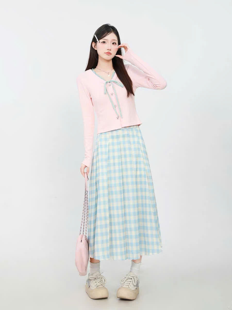 Set áo dài tay cổ V và chân váy caro dài (có tách lẻ)