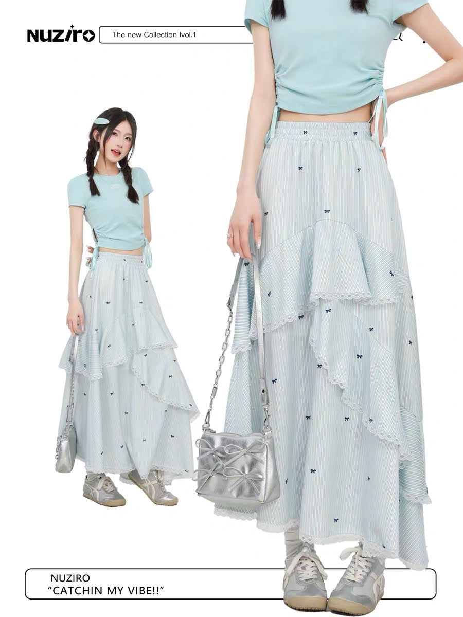 Set áo croptop xanh và chân váy nơ dài nhí (có tách lẻ)