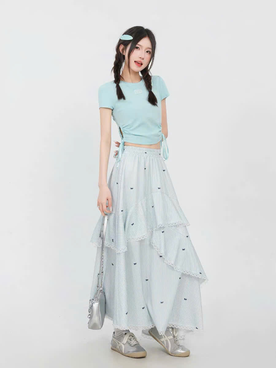 Set áo croptop xanh và chân váy nơ dài nhí (có tách lẻ)