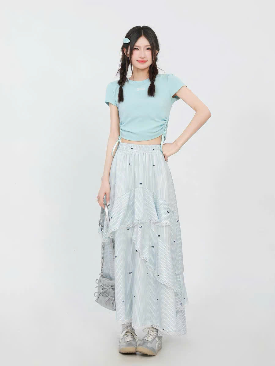 Set áo croptop xanh và chân váy nơ dài nhí (có tách lẻ)