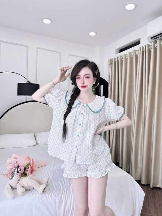 Bộ ngủ đùi xốp tiểu thư cổ sen bèo