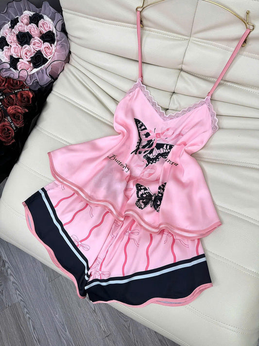 Bộ ngủ 2 dây đùi sexy lụa latin phối ren