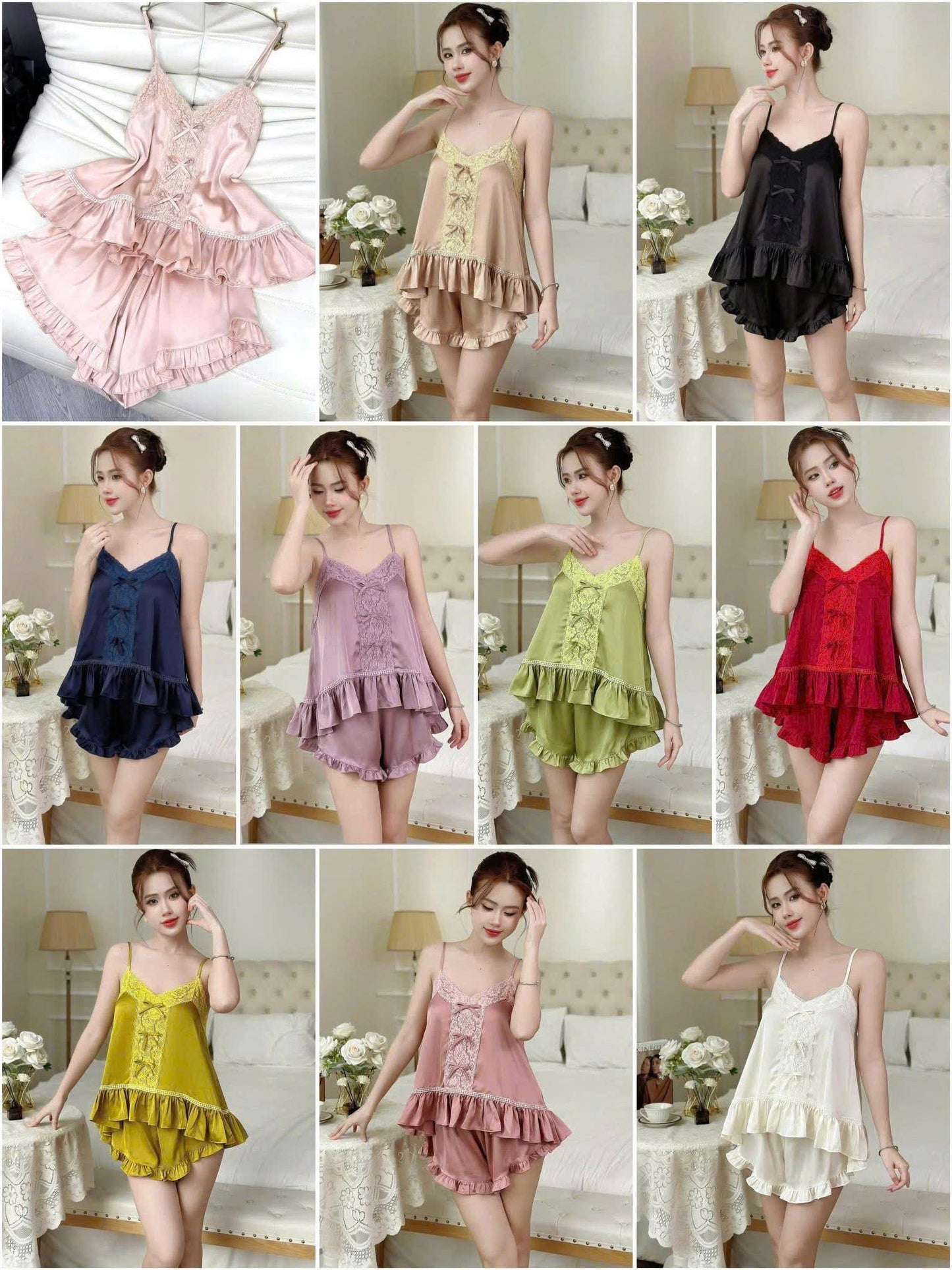 Bộ ngủ 2 dây SOJUN lụa latin phối ren bèo nhún