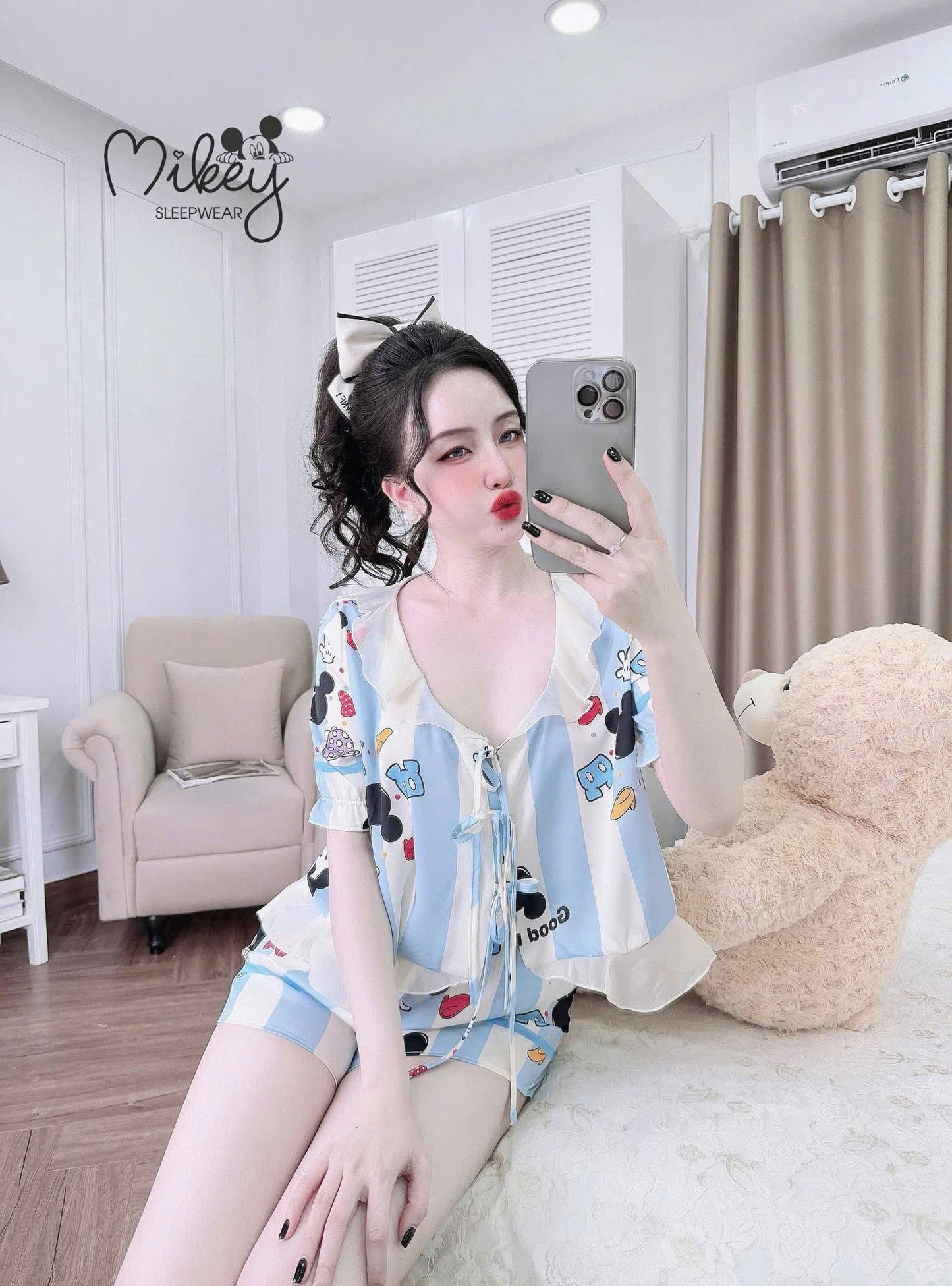 Bộ ngủ đùi Mikey thắt nơ phối voan tơ cao cấp