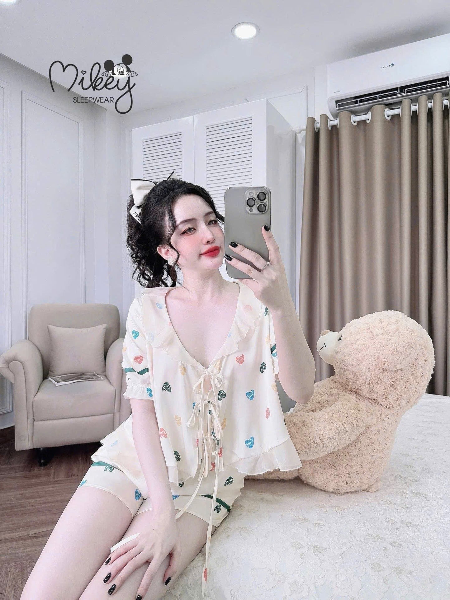 Bộ ngủ đùi Mikey thắt nơ phối voan tơ cao cấp