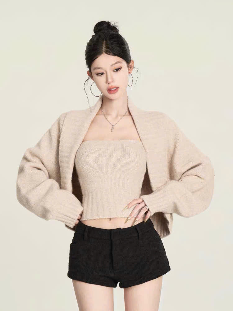 Set áo ống len và áo khoác cardigan lửng
