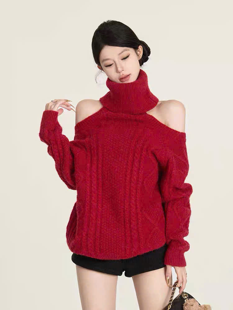 Áo len cổ cao khoét vai mặc 2 kiểu
