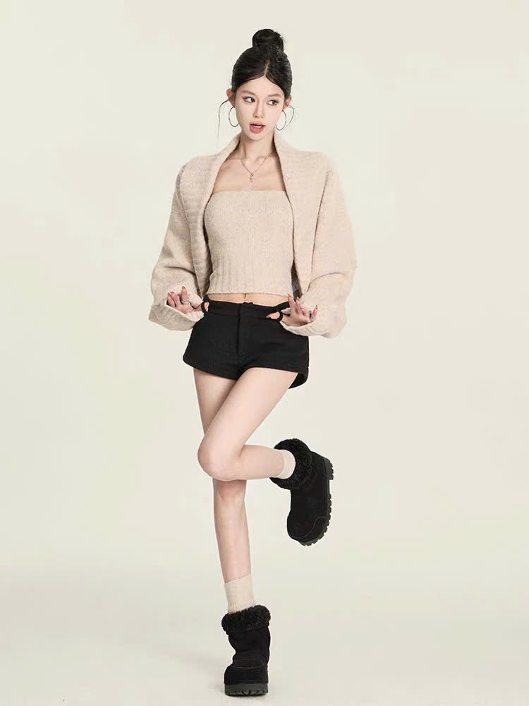 Set áo ống len và áo khoác cardigan lửng