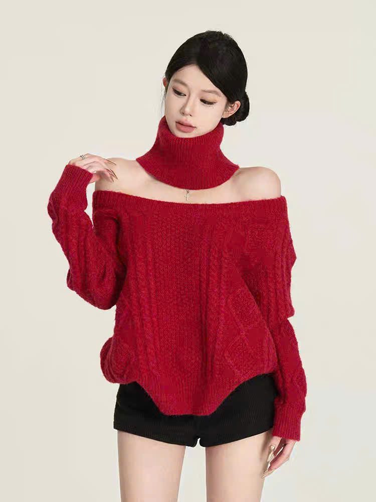 Áo len cổ cao khoét vai mặc 2 kiểu