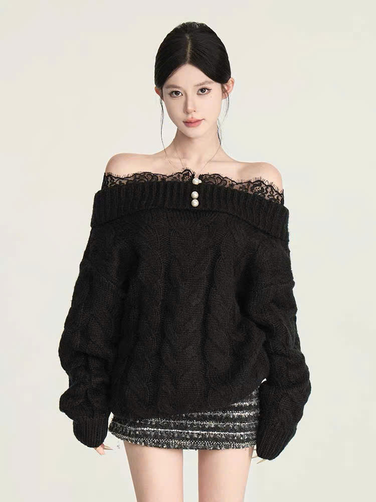 Set áo len trễ vai phối ren và chân váy dạ