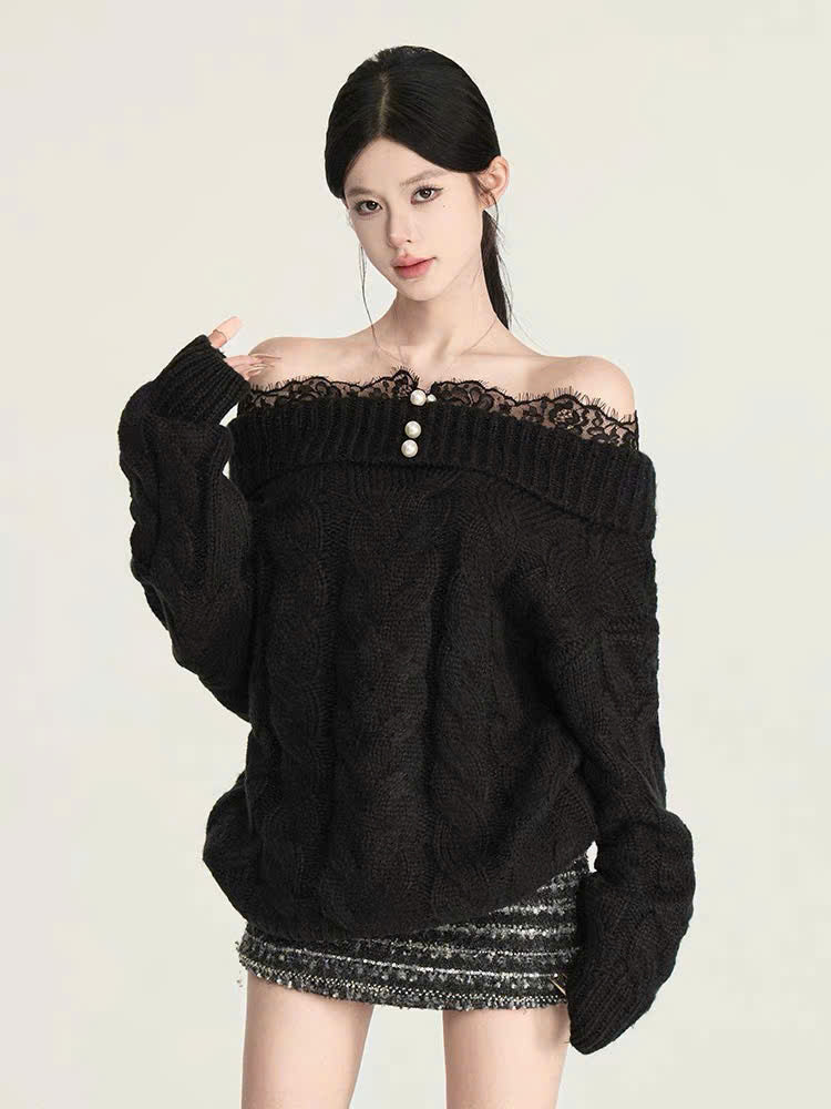 Set áo len trễ vai phối ren và chân váy dạ