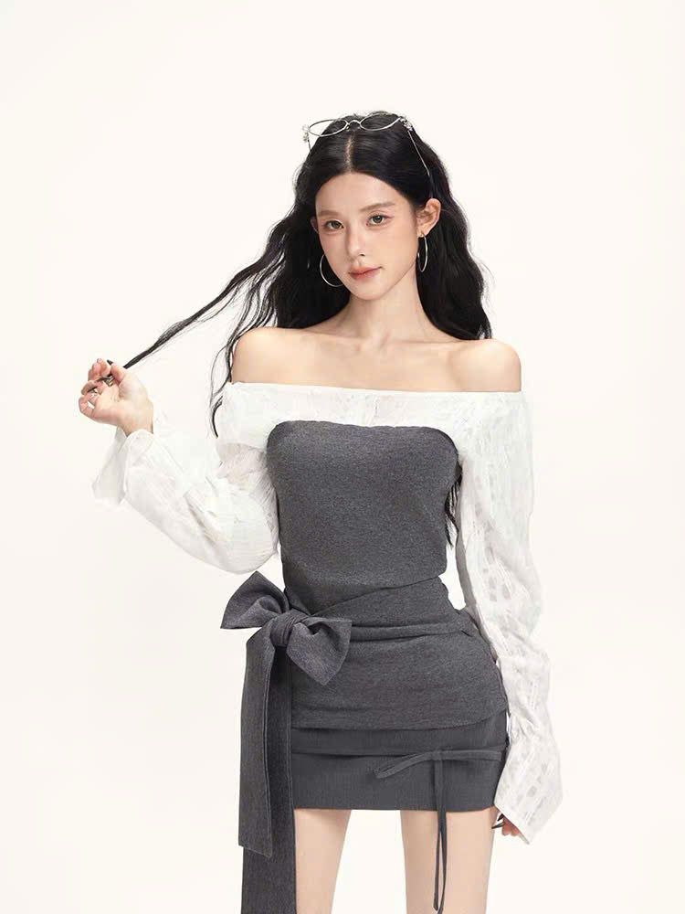 Đầm body trễ vai 2 màu xám trắng nơ eo