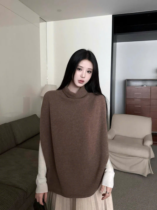 Áo len dệt kim cổ lọ không tay