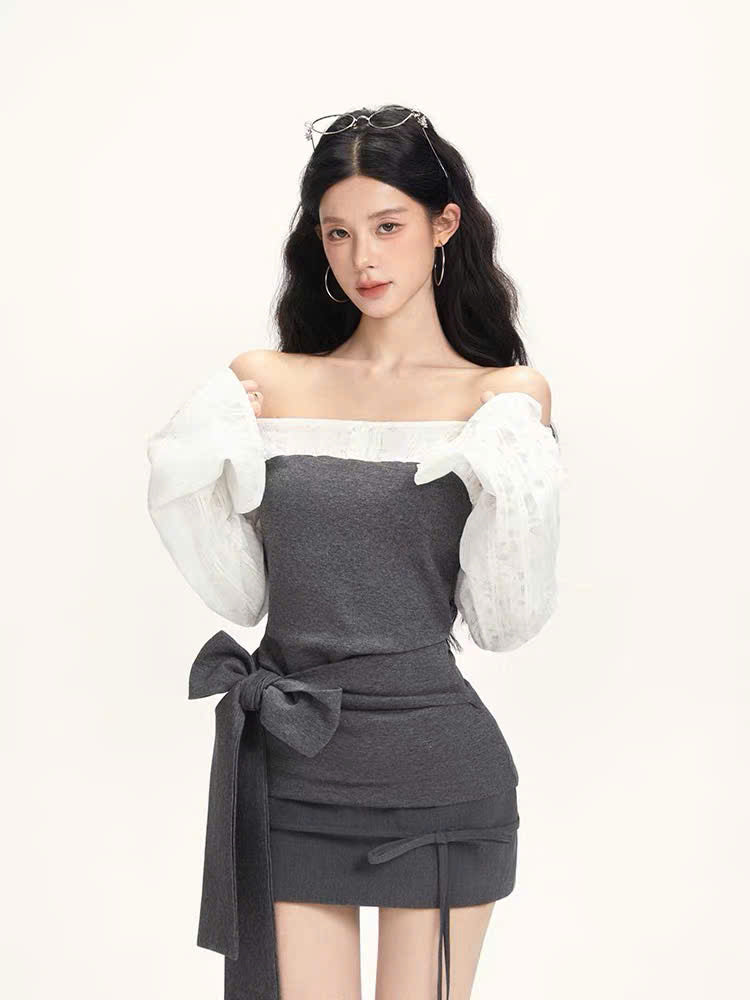 Đầm body trễ vai 2 màu xám trắng nơ eo