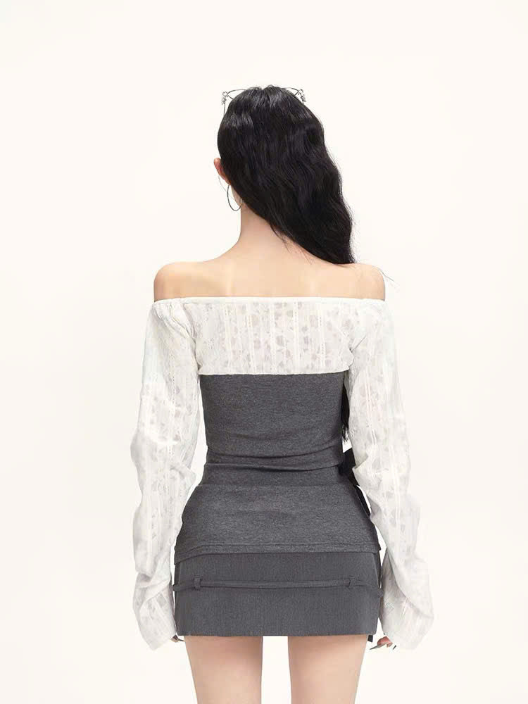 Đầm body trễ vai 2 màu xám trắng nơ eo