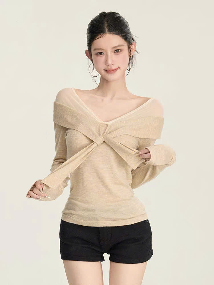Áo thun tay dài cổ thuyền thắt dây trước form ôm vừa vặn