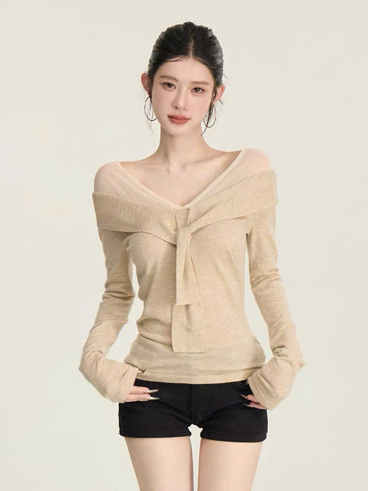 Áo thun tay dài cổ thuyền thắt dây trước form ôm vừa vặn