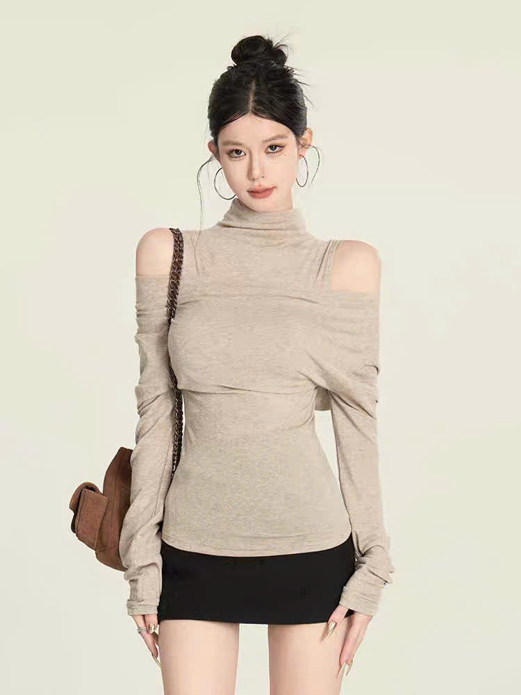 Áo thun cổ lọ tay dài khoét vai form vừa vặn