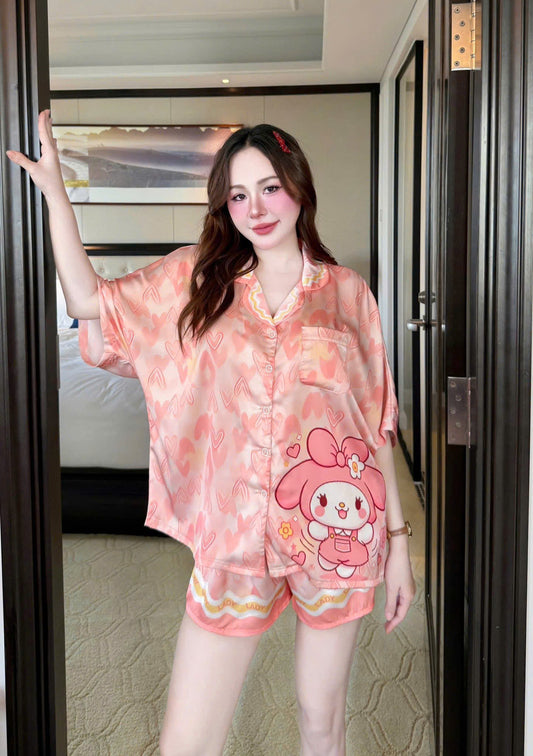 Bộ ngủ quần short cánh dơi cổ pijama