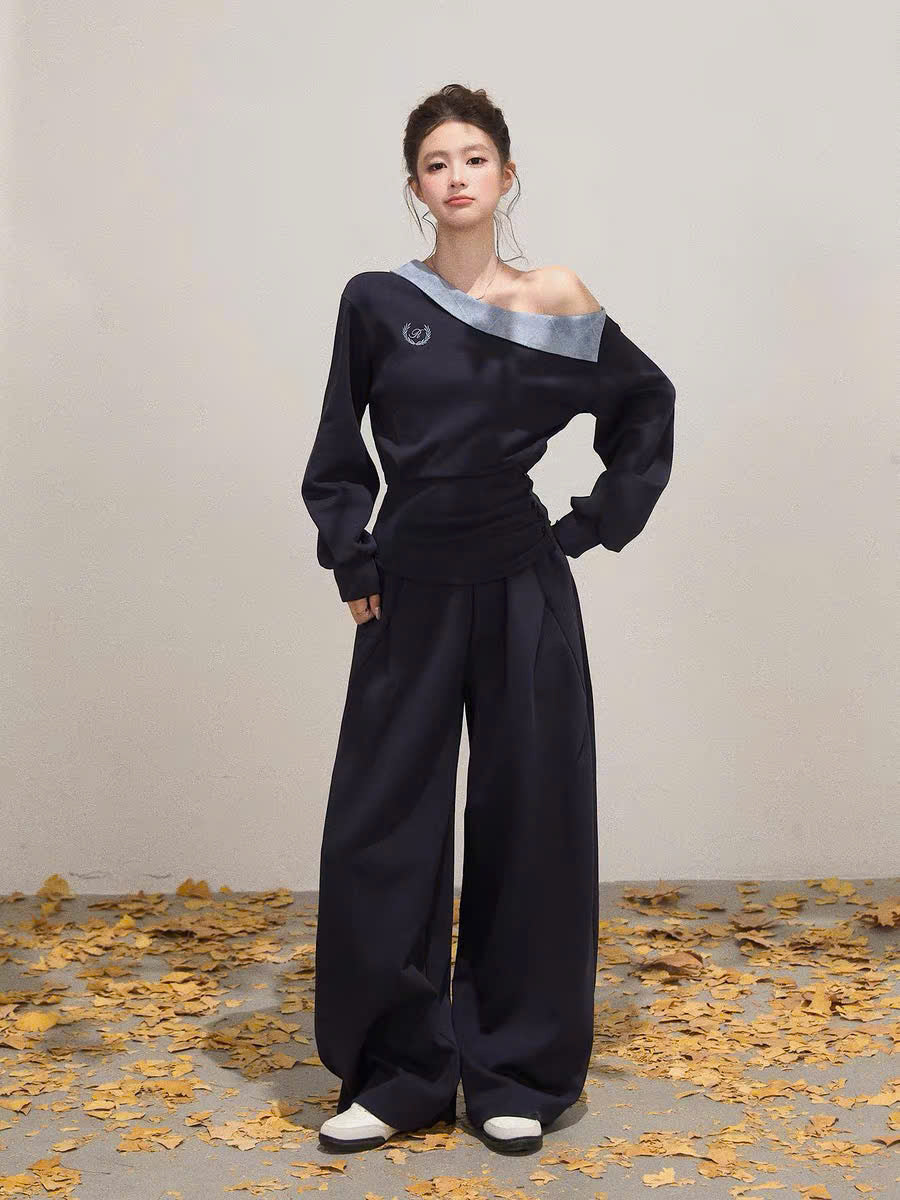 Set áo nỉ lệch vai và quần suông xanh than