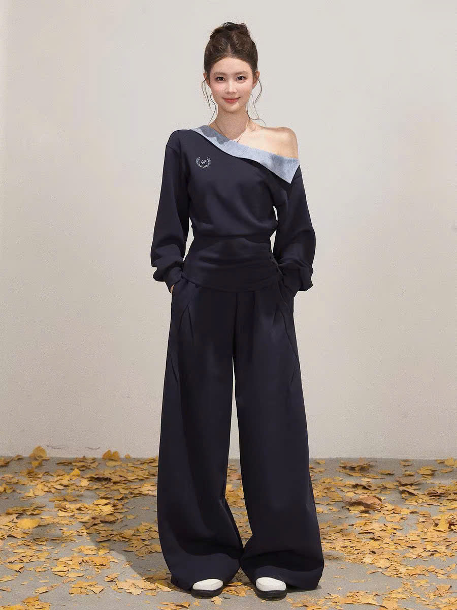 Set áo nỉ lệch vai và quần suông xanh than
