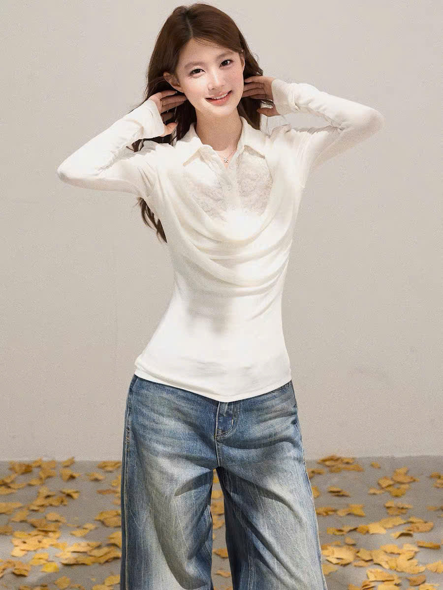 Áo tay dài cổ sơ mi đổ phối ren
