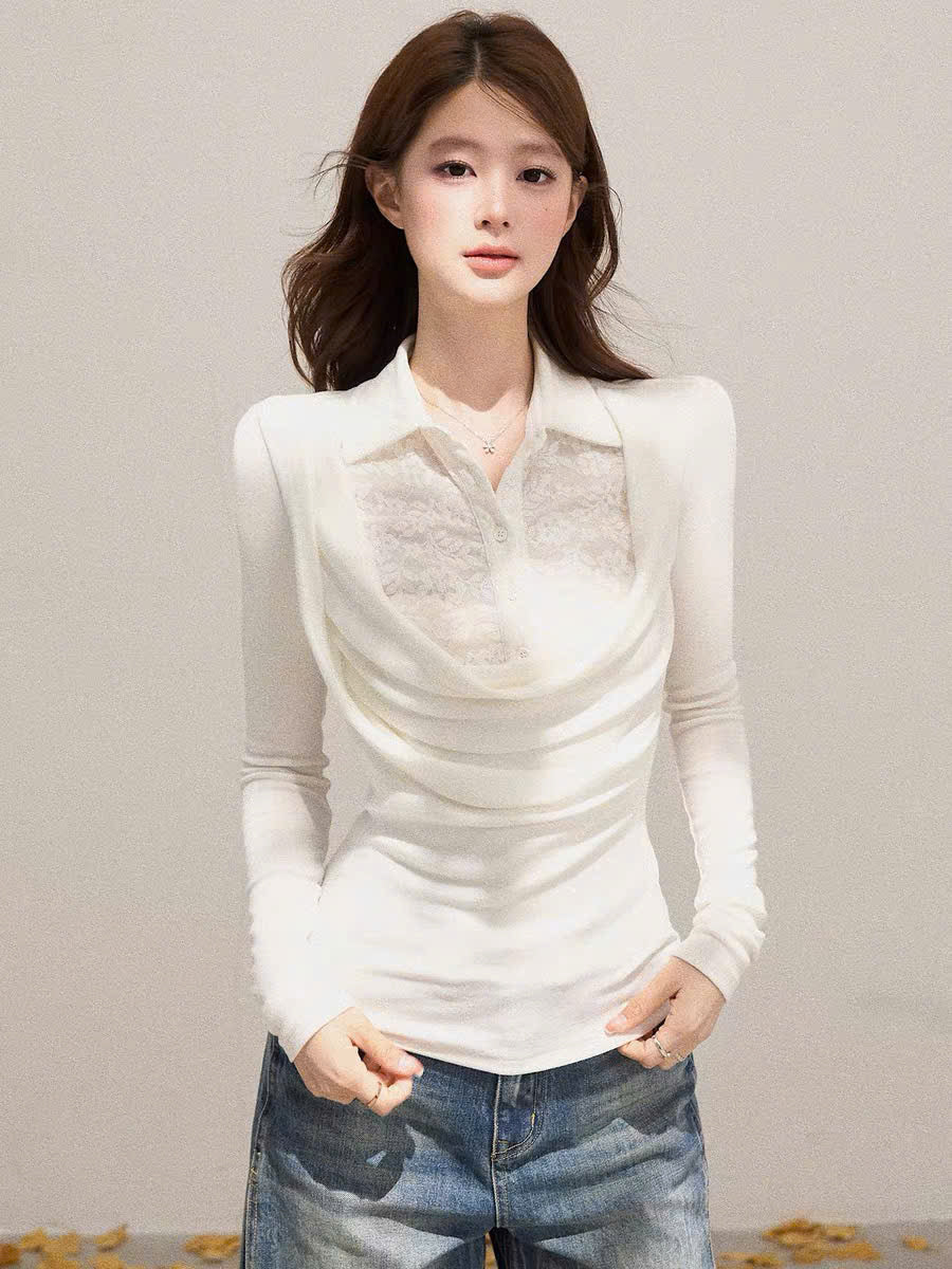 Áo tay dài cổ sơ mi đổ phối ren