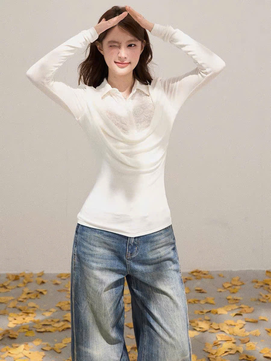 Áo tay dài cổ sơ mi đổ phối ren