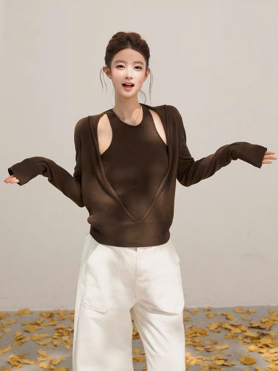 Set áo len ba lỗ và áo khoác cổ tròng