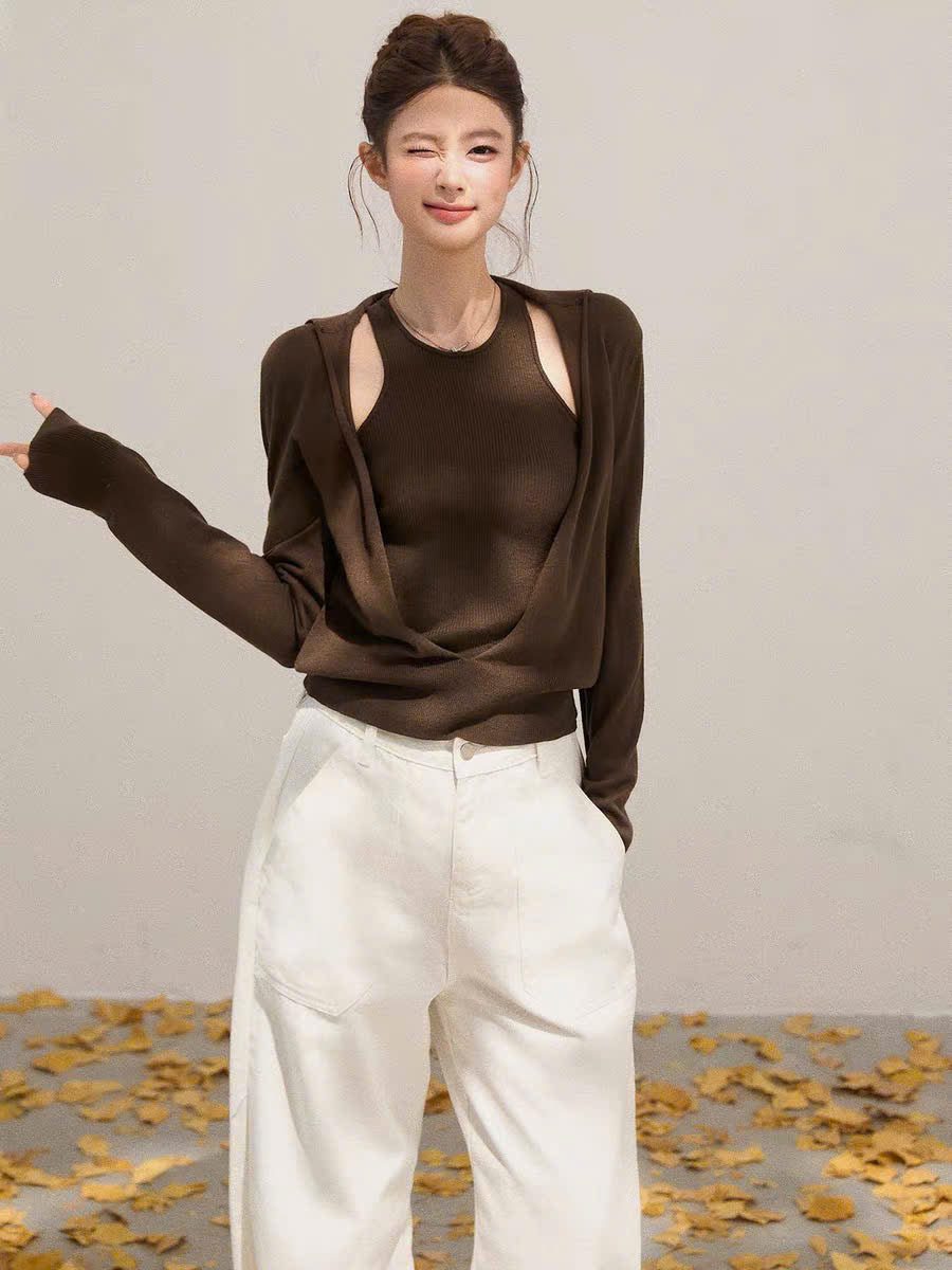 Set áo len ba lỗ và áo khoác cổ tròng