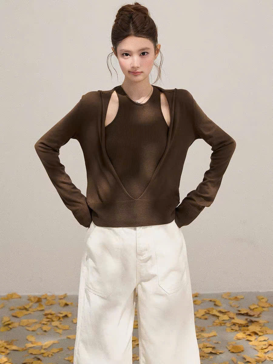 Set áo len ba lỗ và áo khoác cổ tròng